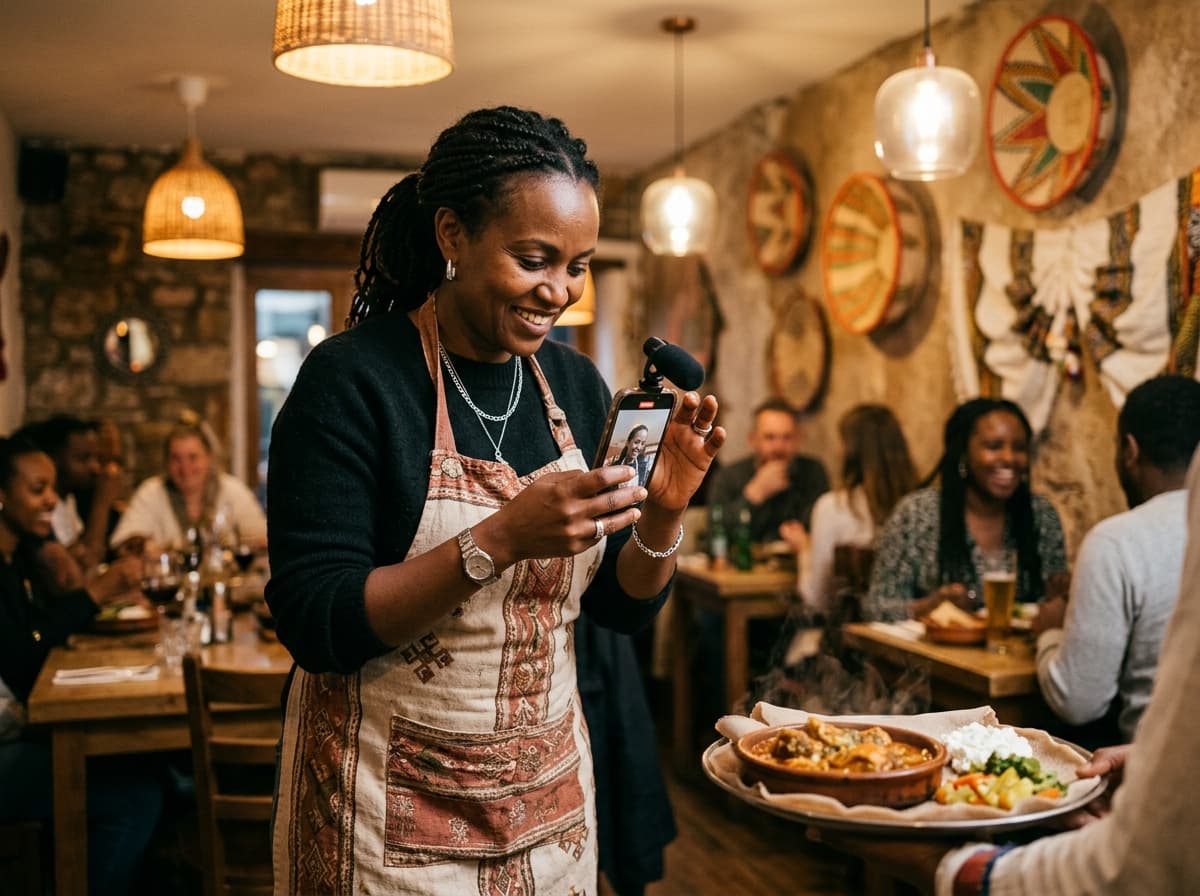 A restaurant owner following a phone shot list while filming a dish
